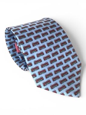NOLA Couture 100% Silk Tie Light Blue Red Streetcar Novelty Print New Orleans